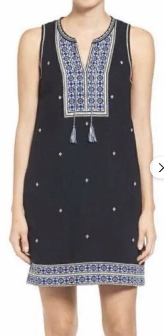 Madewell Suncoast Embroidered Shift Dress Women's Sz 12 Sleeveless Black Tassel
